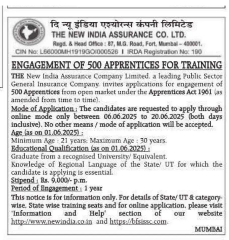 niacl apprentice recruitment application in hindi